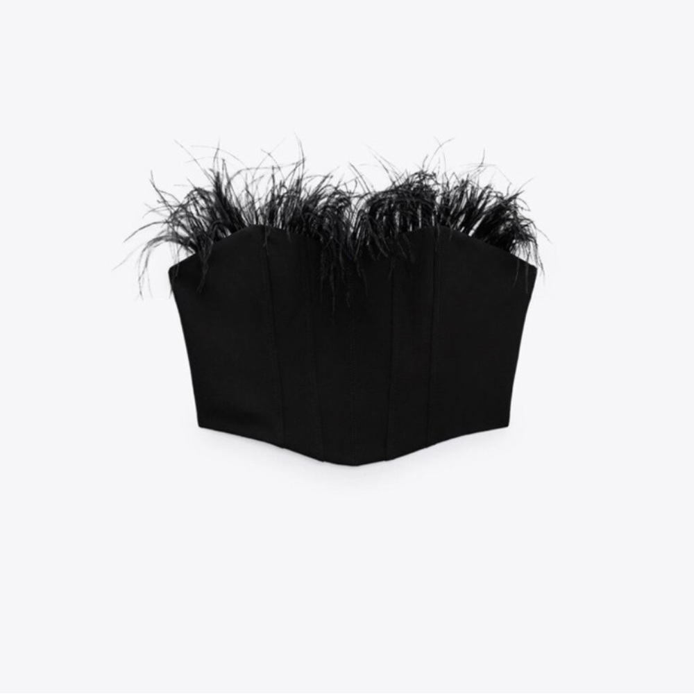 Zara Black Strapless Top with Feather Detail
